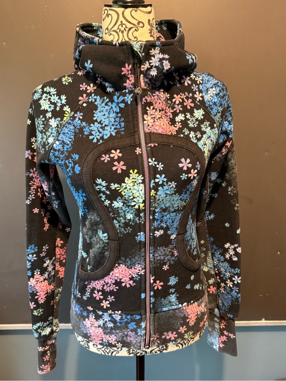 lululemon athletica Black Floral Zip-Up Hoodie with Pink & Blue Blossoms